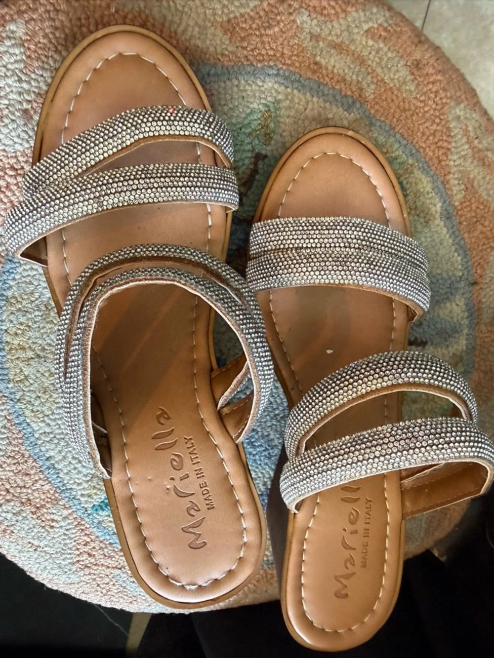 Marille. Silver Crystal Strappy Brown Wood Wedge Sandals soft rubber - Picture 7 of 7